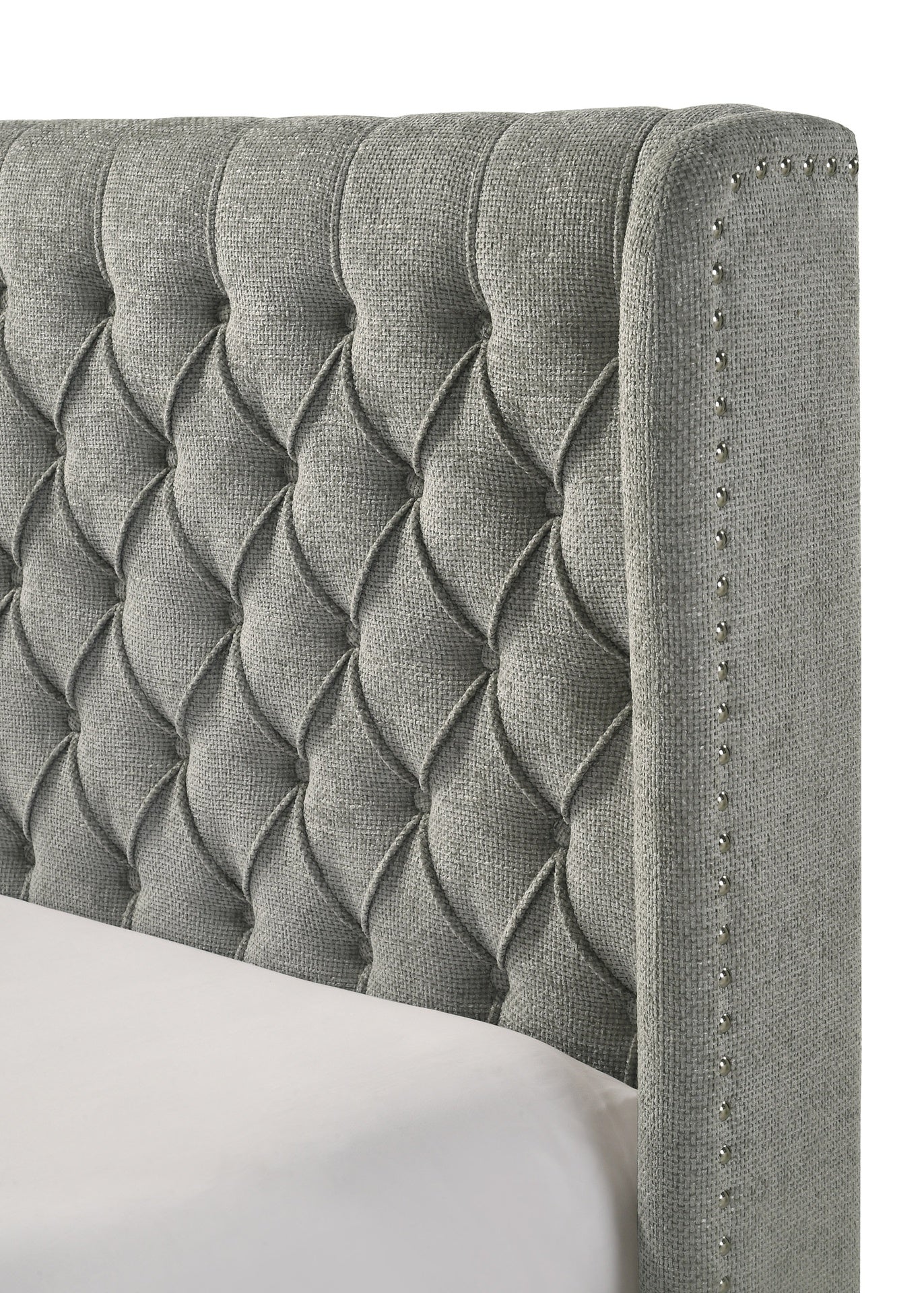 1pc Contemporary Upholstered Bed Frame Tufted Headboard Soft Tweed Fabric Winged Headboard Gray