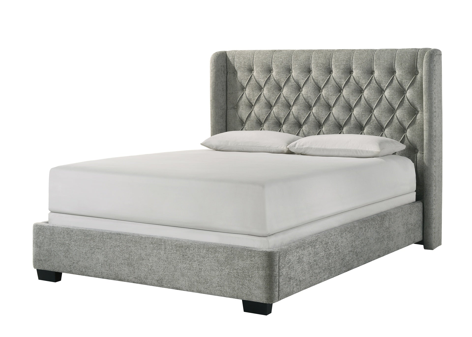 1pc Contemporary Upholstered Bed Frame Tufted Headboard Soft Tweed Fabric Winged Headboard Gray