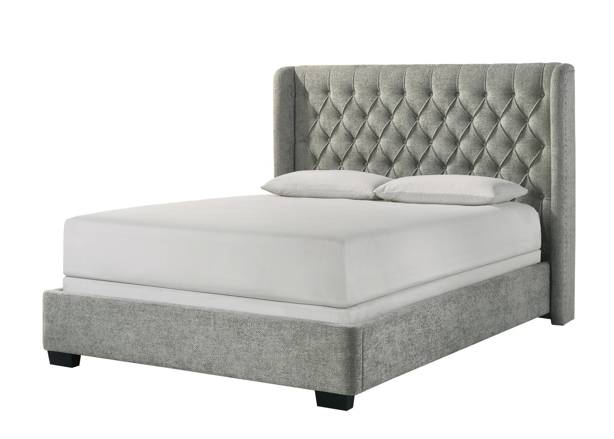 1pc Contemporary Upholstered Bed Frame Tufted Headboard Soft Tweed Fabric Winged Headboard Gray