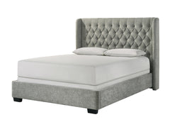 1pc Contemporary Upholstered Bed Frame Tufted Headboard Soft Tweed Fabric Winged Headboard Gray