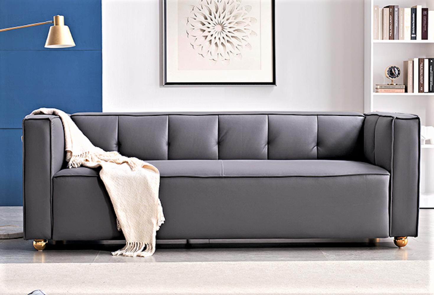 Polyester Sofa with Tufted Low Back Design, Elegant 3 Seater Couch for Coastal and Modern Farmhouse Living Rooms, 87 Inch Wide, Easy Assembly