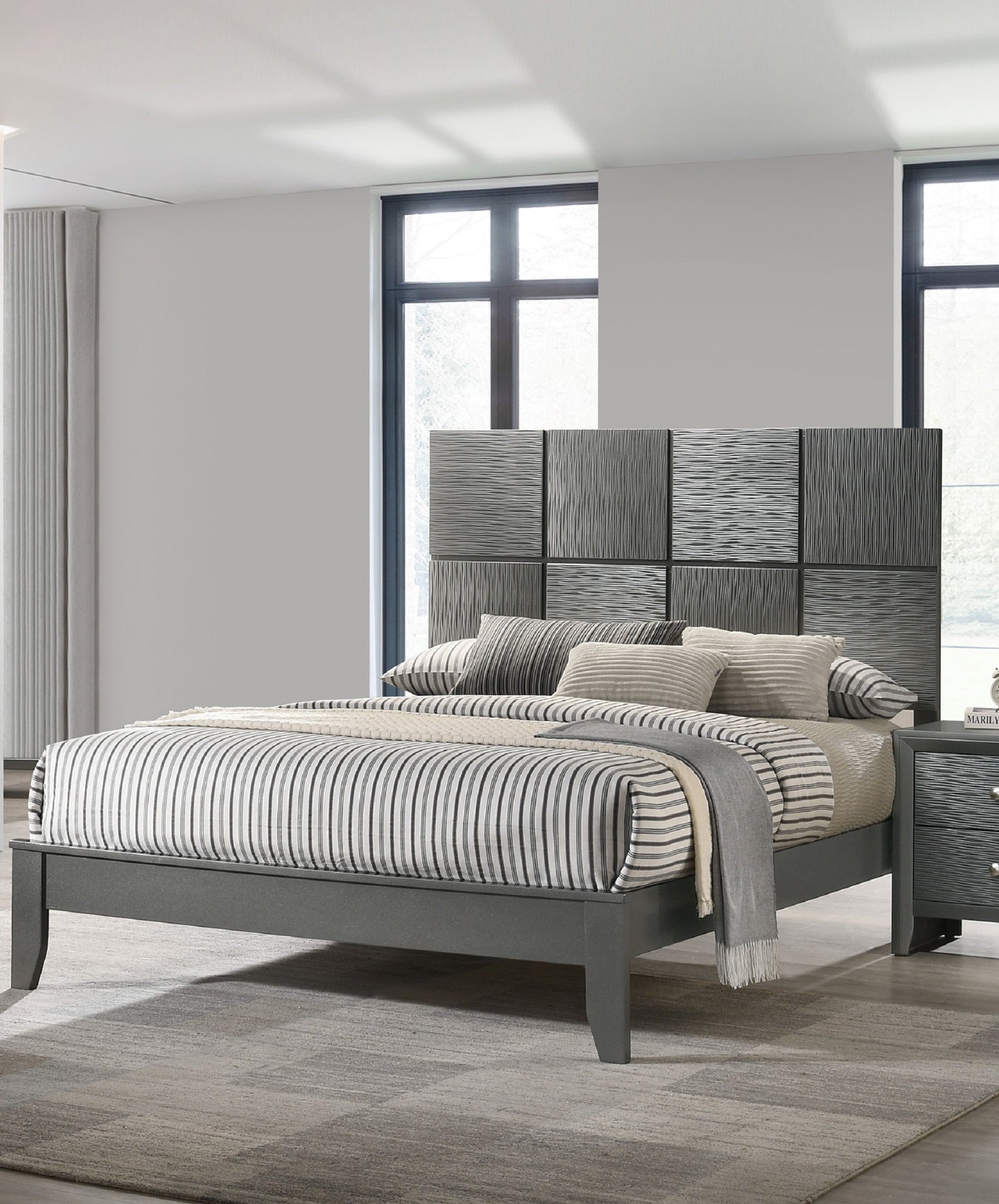 1pc King Size Bed Contemporary Design Textured Front Panels Features Geometric Paneling Headboard Gray Gun Metal Finish