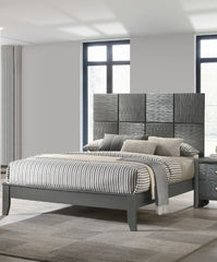 1pc King Size Bed Contemporary Design Textured Front Panels Features Geometric Paneling Headboard Gray Gun Metal Finish