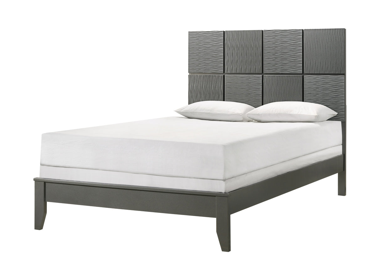 1pc King Size Bed Contemporary Design Textured Front Panels Features Geometric Paneling Headboard Gray Gun Metal Finish