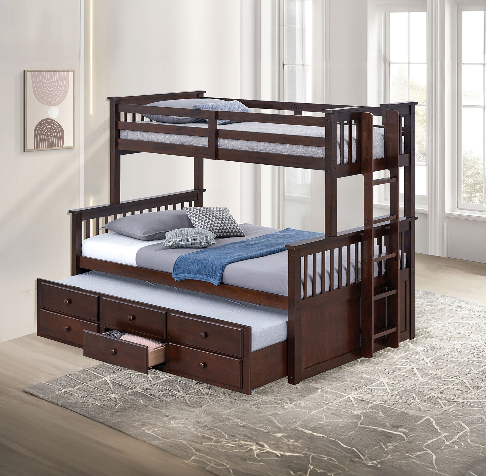 Transitional Twin Over Full Bunk Bed With Ladder And Underbed Drawers, Dark Walnut