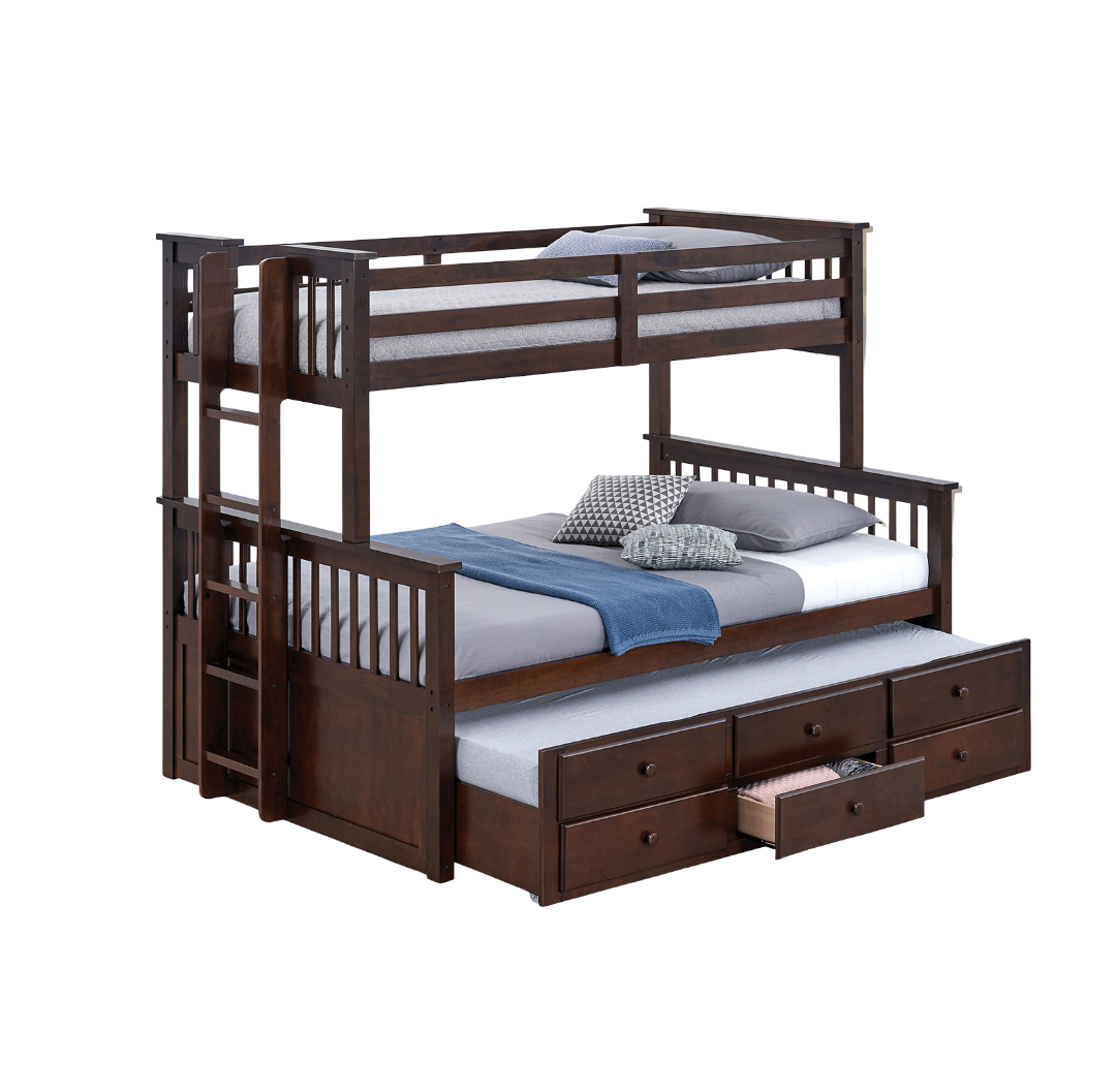 Transitional Twin Over Full Bunk Bed With Ladder And Underbed Drawers, Dark Walnut