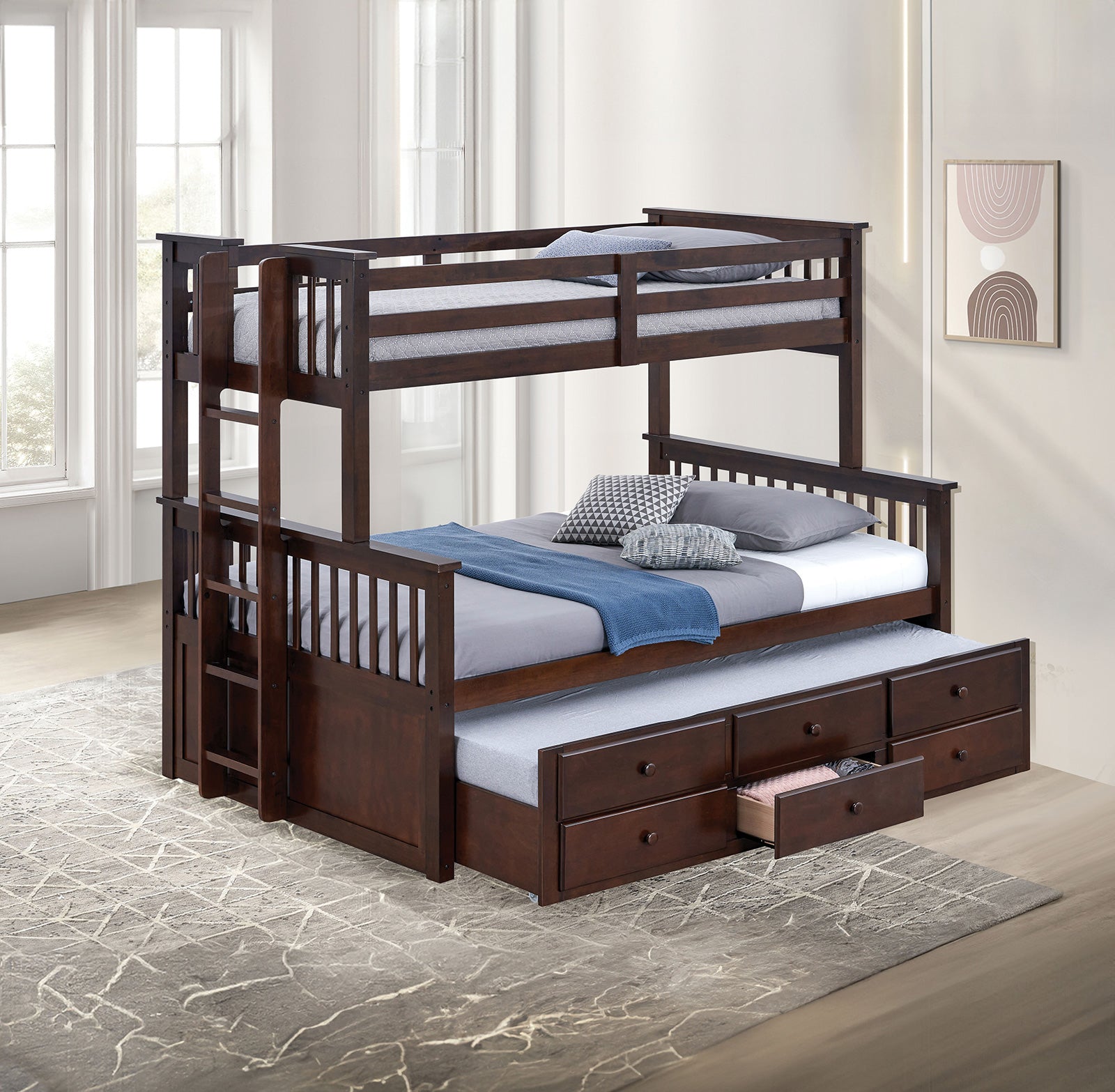 Transitional Twin Over Full Bunk Bed With Ladder And Underbed Drawers, Dark Walnut