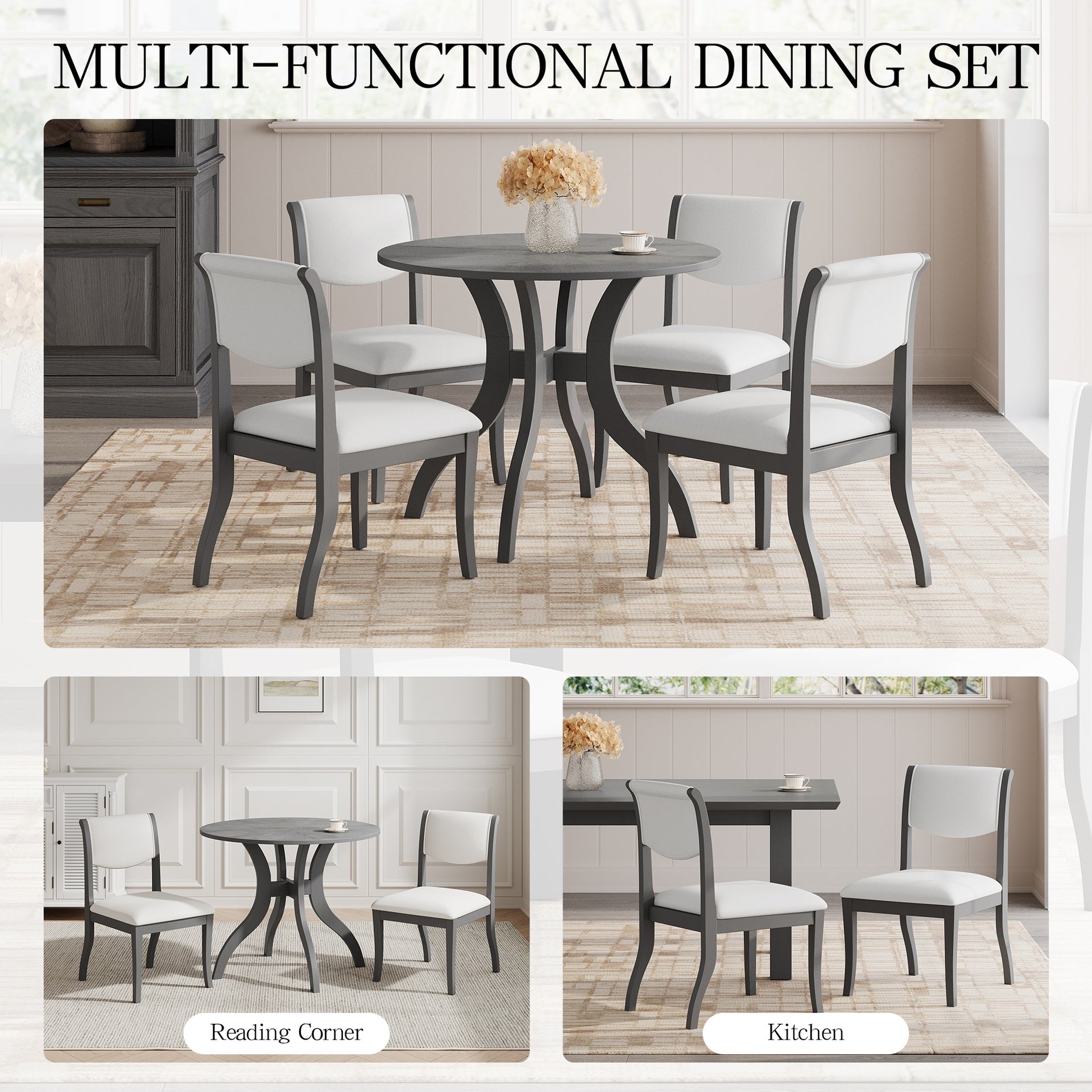 Oak Gray Dining Table Set:39.4" Round Table + 2 Chairs - Traditional Solid Wood Kitchen Set with Inlaid Tabletop, Elegant Curved Legs for Dining Room