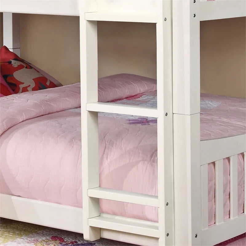 White Finish Full Over Full Bunk Bed Transitional Style Attached Ladder Upper Bed Rails Trundle-Not Included
