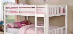 White Finish Full Over Full Bunk Bed Transitional Style Attached Ladder Upper Bed Rails Trundle-Not Included