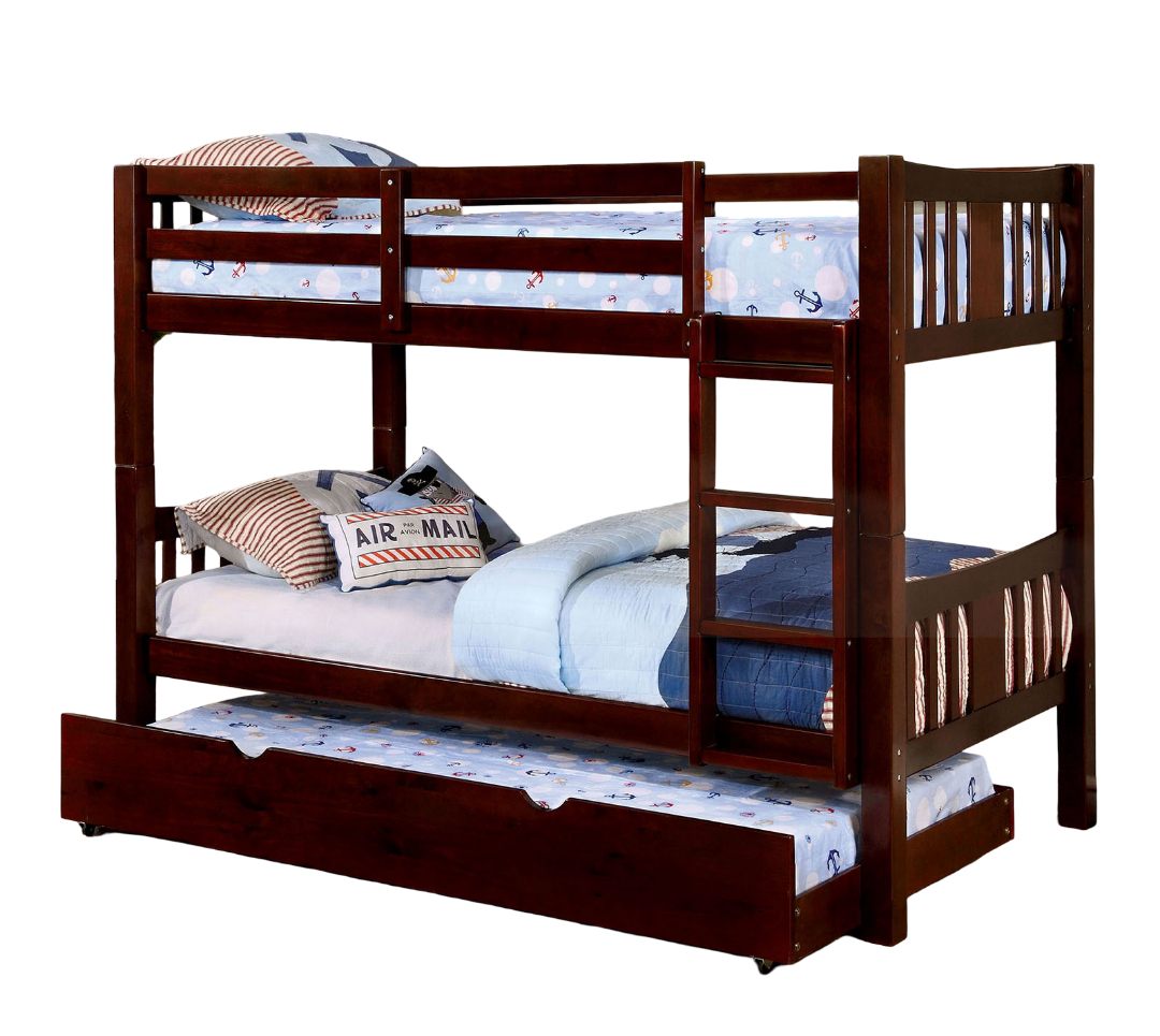 Twin Over Twin Transitional Style Bunk Bed Dark Walnut Finish Attached Ladder Rails And Lock Joint Structure Trundle-Not Included