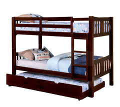 Twin Over Twin Transitional Style Bunk Bed Dark Walnut Finish Attached Ladder Rails And Lock Joint Structure Trundle-Not Included