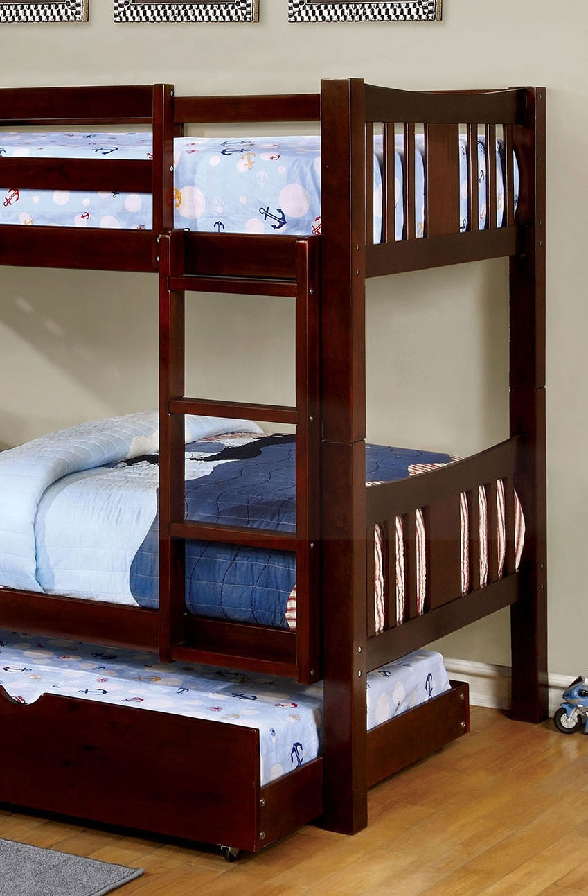 Twin Over Twin Transitional Style Bunk Bed Dark Walnut Finish Attached Ladder Rails And Lock Joint Structure Trundle-Included Espresso Finish
