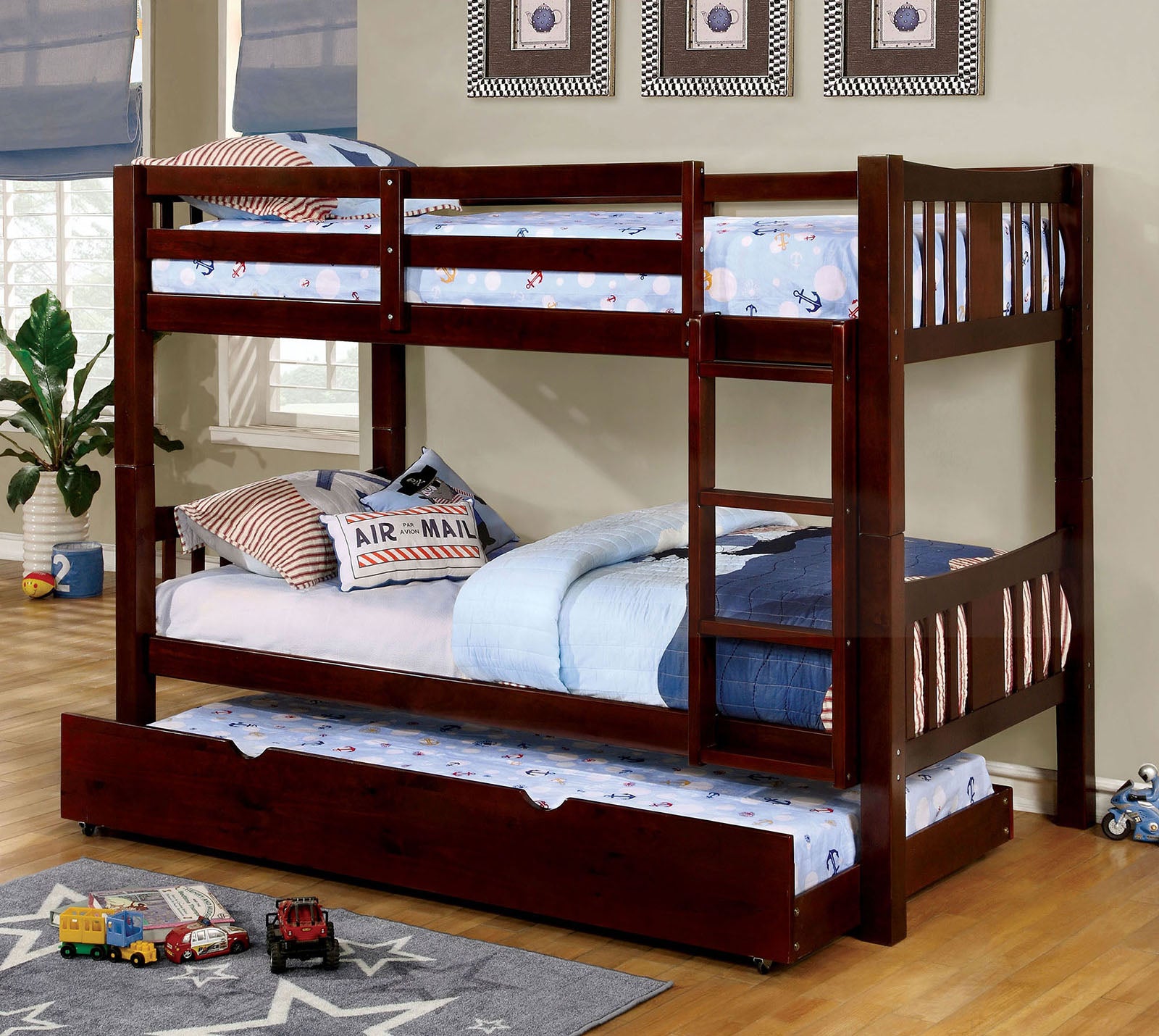 Twin Over Twin Transitional Style Bunk Bed Dark Walnut Finish Attached Ladder Rails And Lock Joint Structure Trundle-Included Espresso Finish
