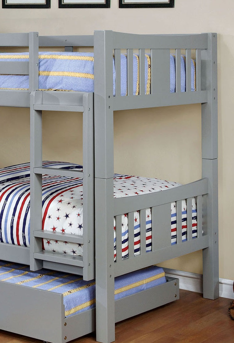 Transitional Style Wooden Bunk Bed Twin Over Twin Gray Finish Attached Footboard Ladder Rails And Lock Joint Trundle-Not Included