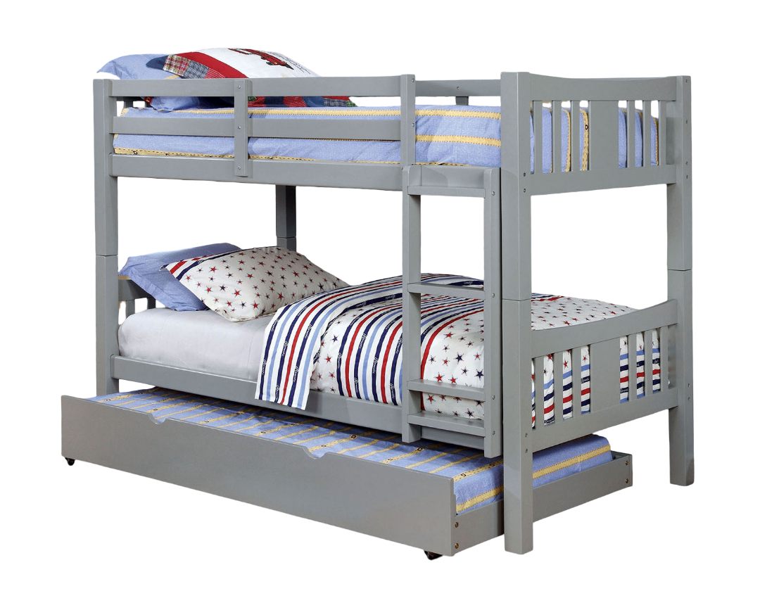 Transitional Style Wooden Bunk Bed Twin Over Twin Gray Finish Attached Footboard Ladder Rails And Lock Joint Trundle-Not Included