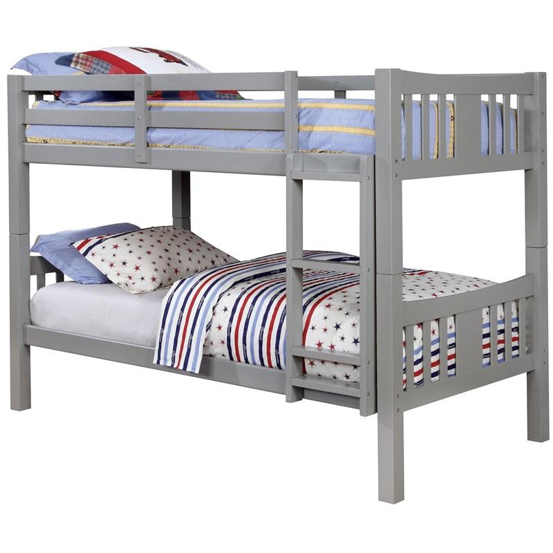 Transitional Style Wooden Bunk Bed Twin Over Twin Gray Finish Attached Footboard Ladder Rails And Lock Joint Trundle-Not Included