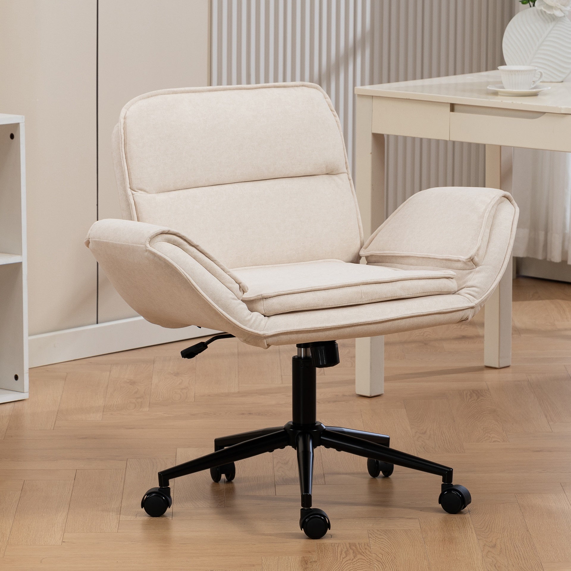 Criss Cross Chair with 5-Gear Adjustable Armrests & Wheels, Ergonomic Thickened Backrest Swivel Desk Chair for Home Office, Vanity, Bedroom and Living Room, Beige Cloth