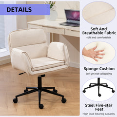 Criss Cross Chair with 5-Gear Adjustable Armrests & Wheels, Ergonomic Thickened Backrest Swivel Desk Chair for Home Office, Vanity, Bedroom and Living Room, Beige Cloth