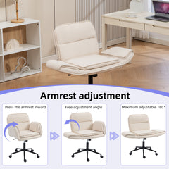 Criss Cross Chair with 5-Gear Adjustable Armrests & Wheels, Ergonomic Thickened Backrest Swivel Desk Chair for Home Office, Vanity, Bedroom and Living Room, Beige Cloth