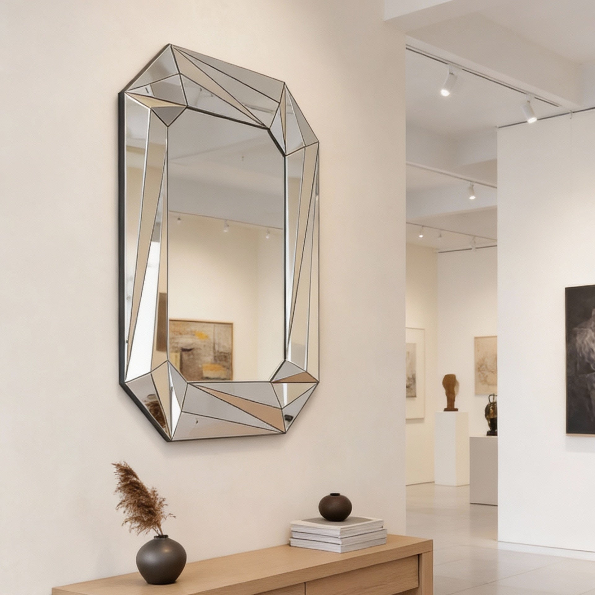 Diamond Shaped Large Wall Mirror for Decor Elegant Living Room, Modern Beveled Edge Frameless Accent Mirror for Entryway, Dining Room, Bathroom