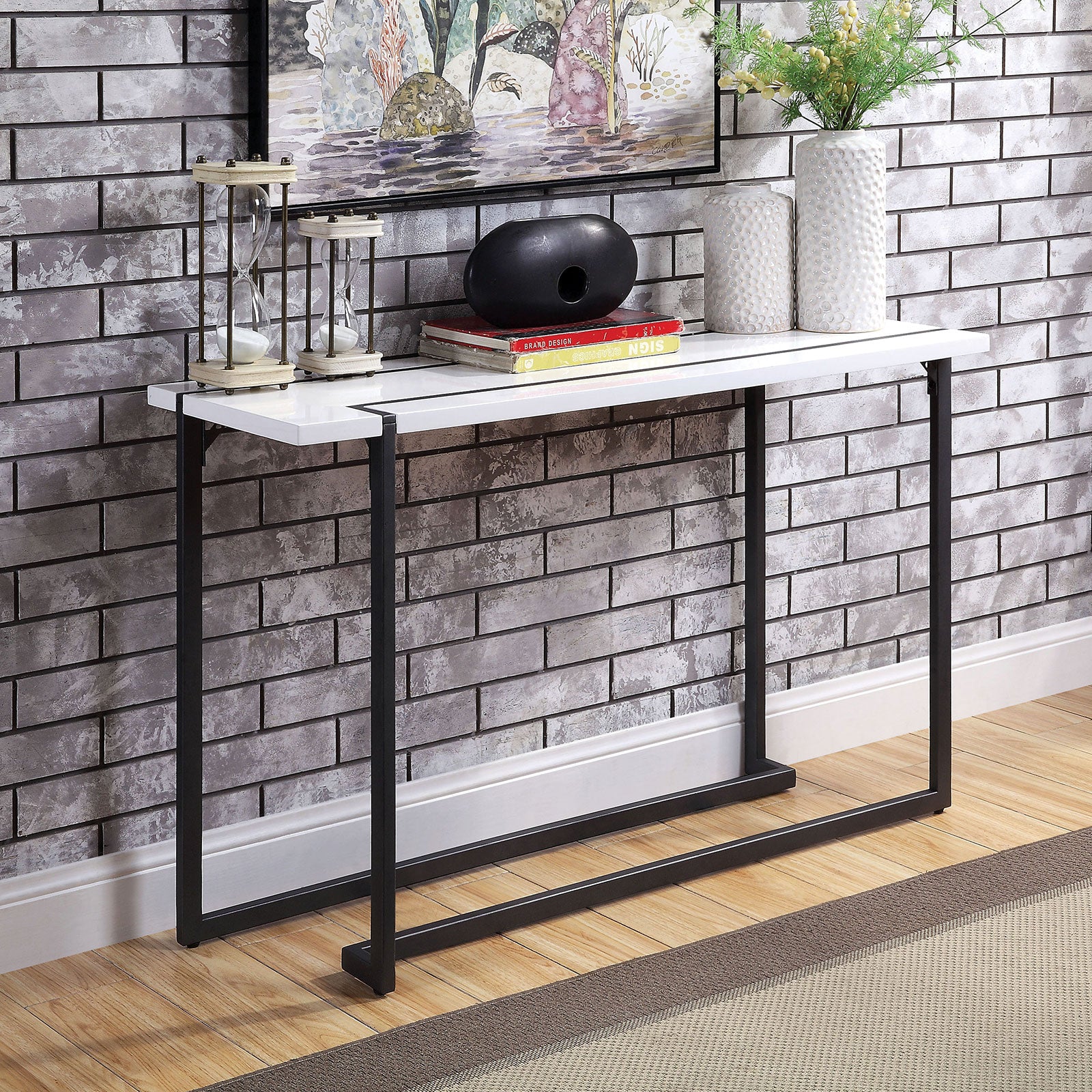 Modern Contemporary Style Sofa Table  Legs Extending Out On The Table Top Lacquer Top Metal And Steel Structure White And Gun Metal Finish Coffee Table-Not Included
