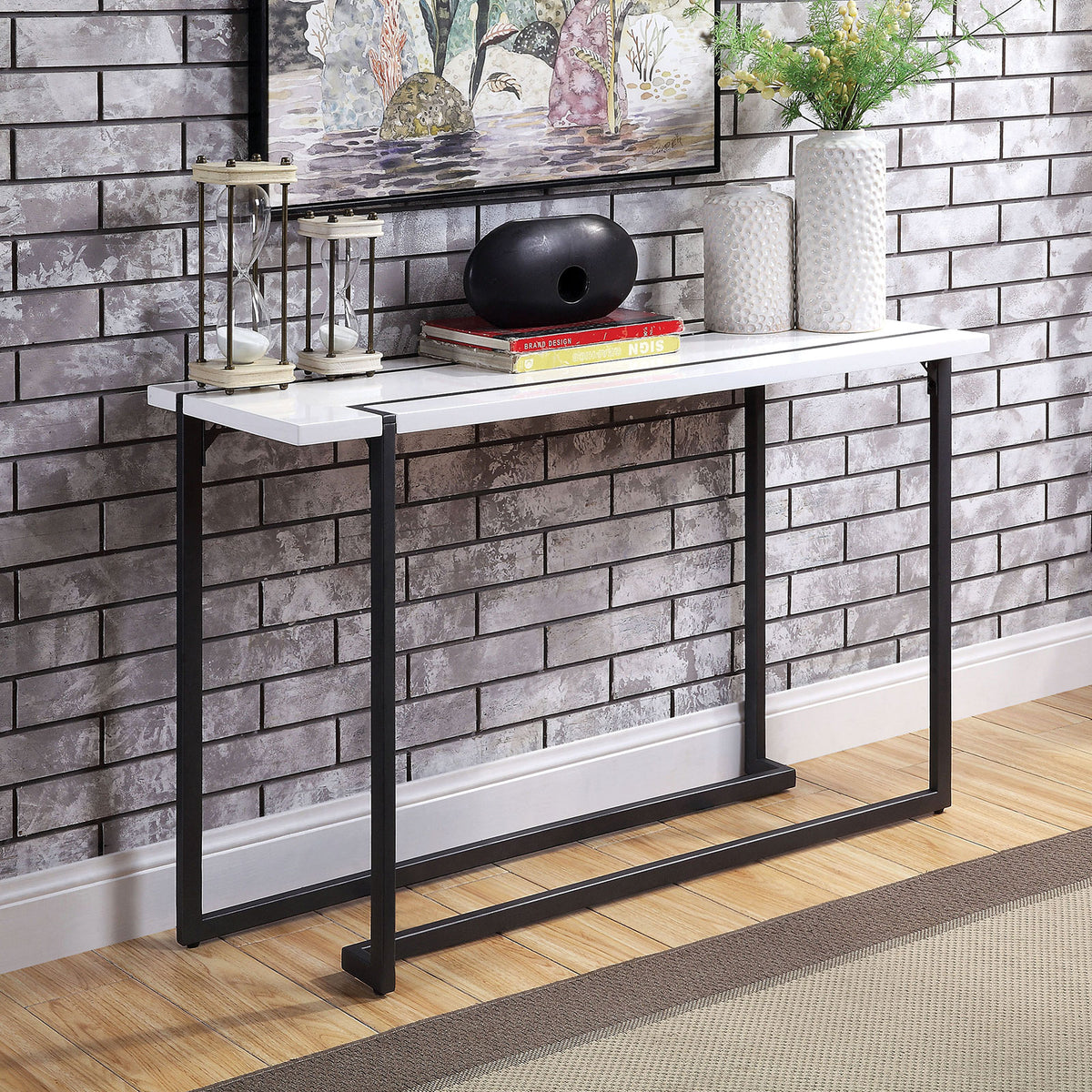 Modern Contemporary Style Sofa Table  Legs Extending Out On The Table Top Lacquer Top Metal And Steel Structure White And Gun Metal Finish Coffee Table-Not Included
