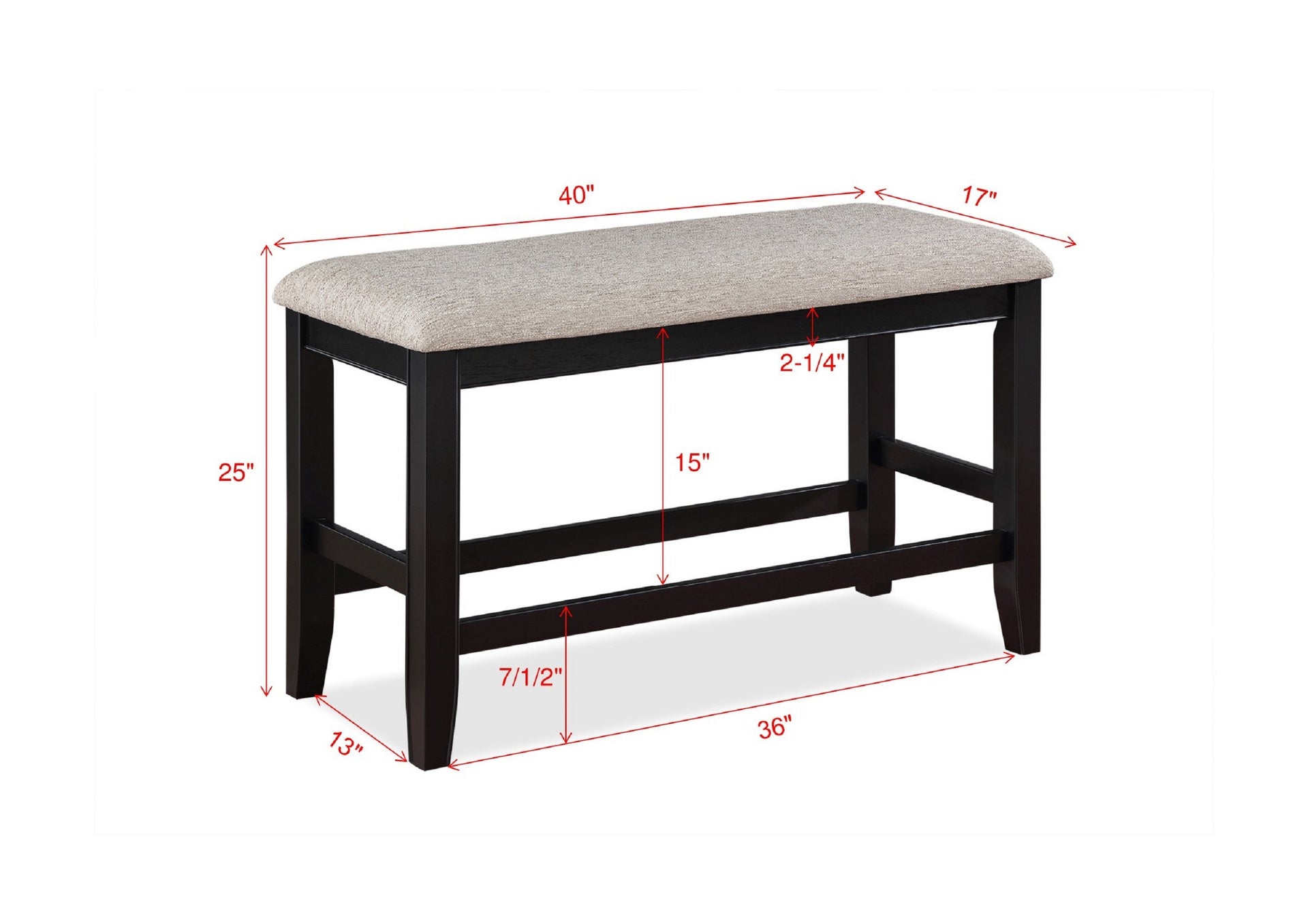 Farmhouse Style 1pc Black Light Gray Counter Height Bench Footrest Upholstered Seat Wooden Furniture