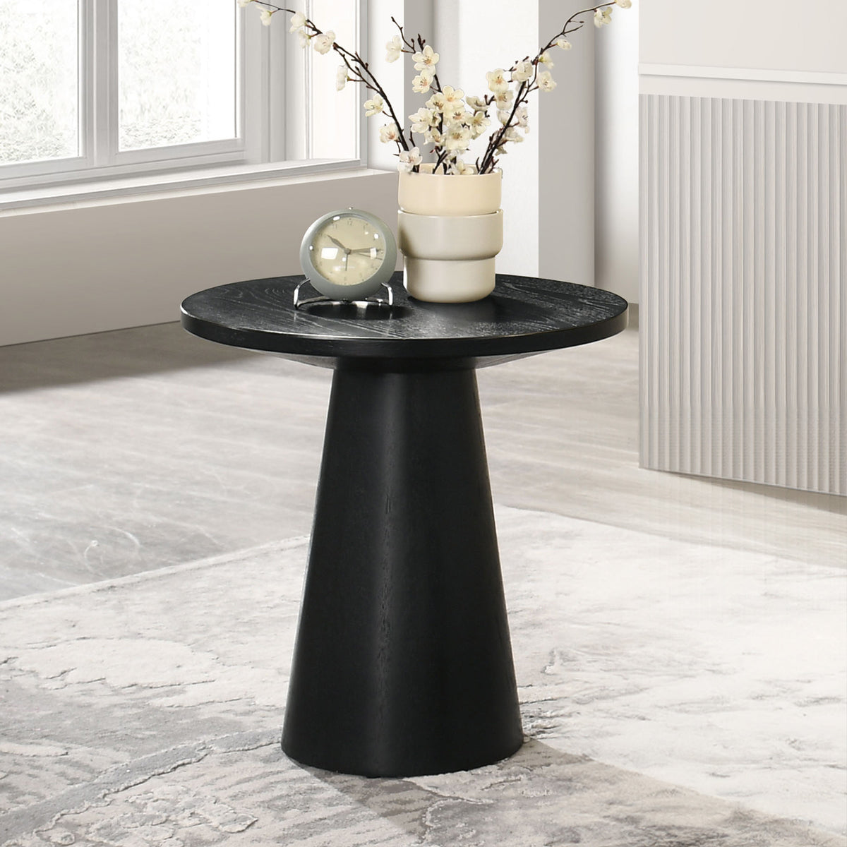 Unique Cone Base Pedestal Round End Table Contemporary Style Rubberwood Structure Black Finish
