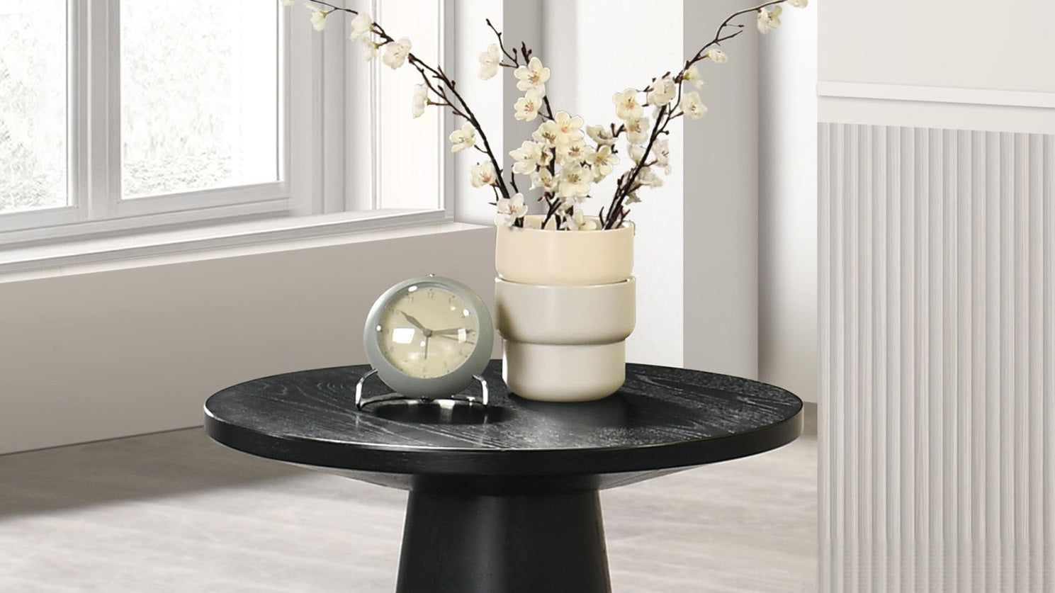 Unique Cone Base Pedestal Round End Table Contemporary Style Rubberwood Structure Black Finish