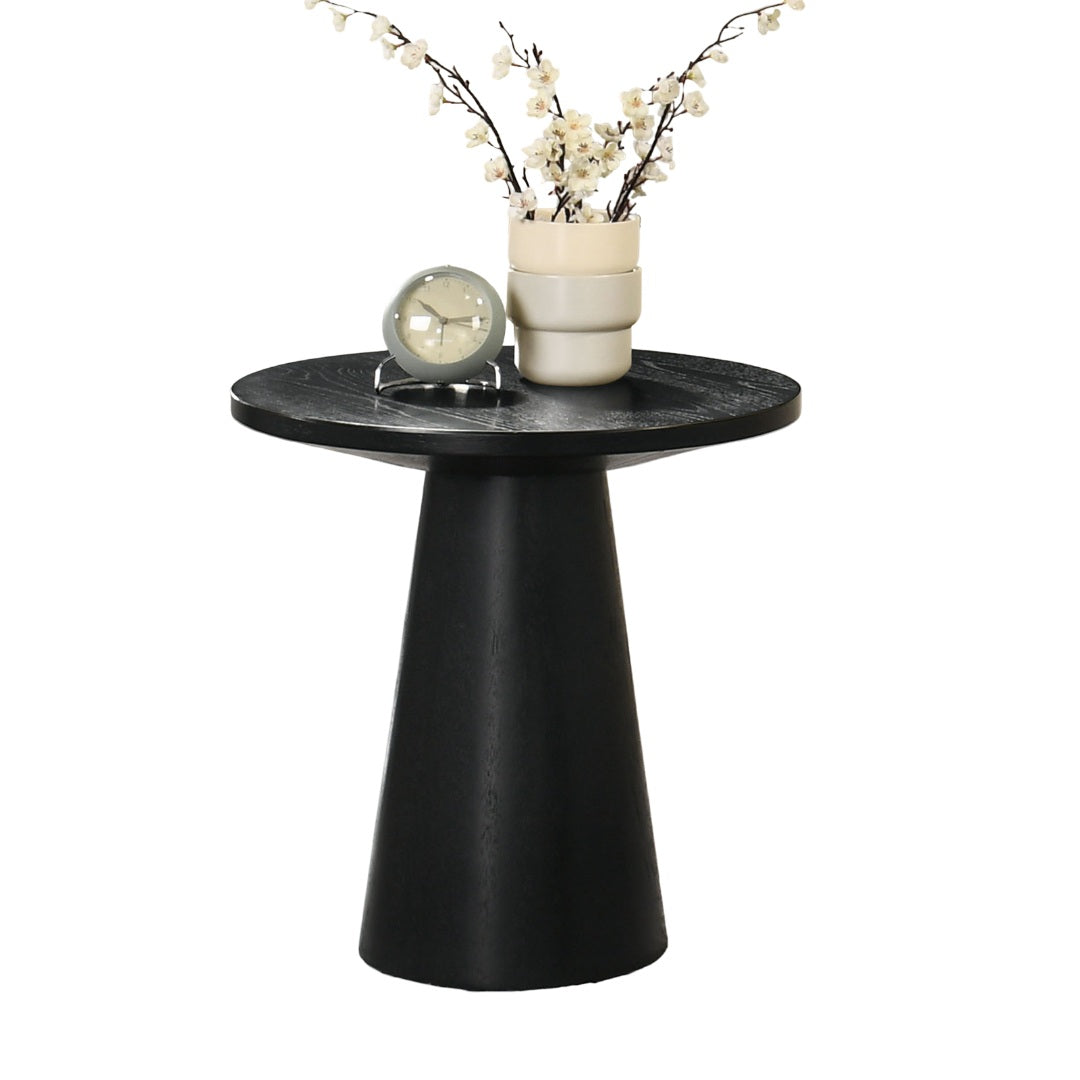 Unique Cone Base Pedestal Round End Table Contemporary Style Rubberwood Structure Black Finish