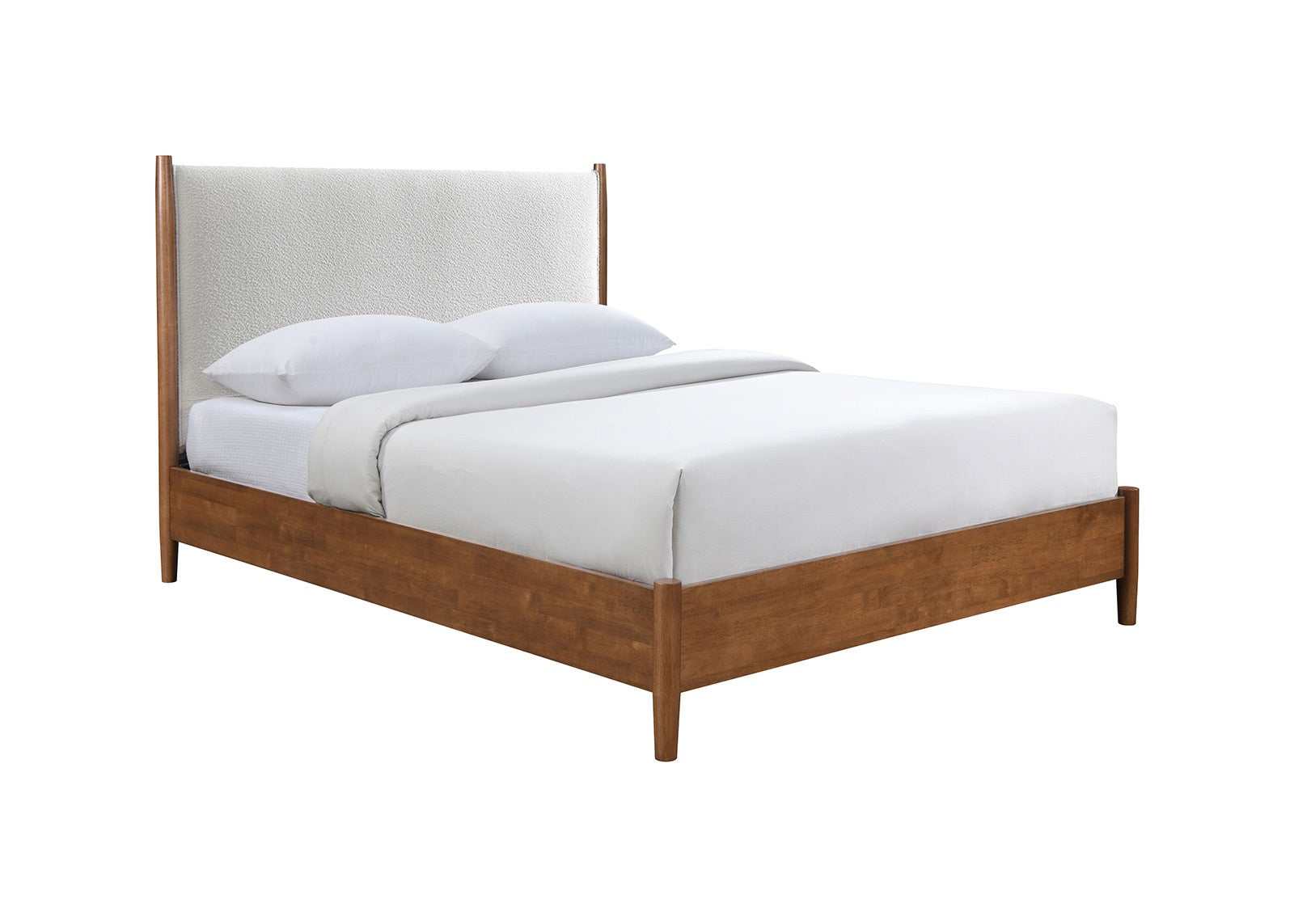 Walnut Color Panel Headboard Beige Upholstered 1pc Full Size Bed Solid wood Mattress Ready Mid-Century Modern Style