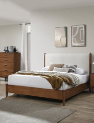 Walnut Color Panel Headboard Beige Upholstered 1pc Full Size Bed Solid wood Mattress Ready Mid-Century Modern Style