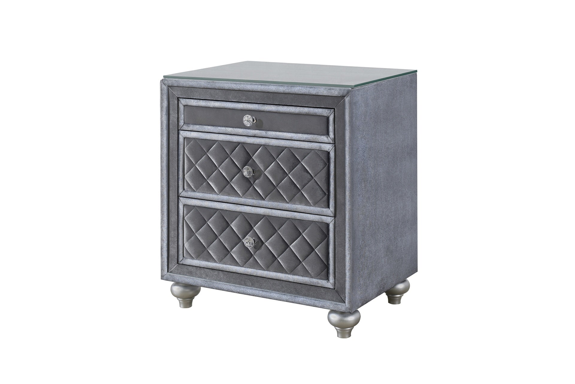 1pc Glam 3-Drawer Nightstand Velvet Tufted Drawer Front Jewelry Tray Faux Crystal Drawer Knobs