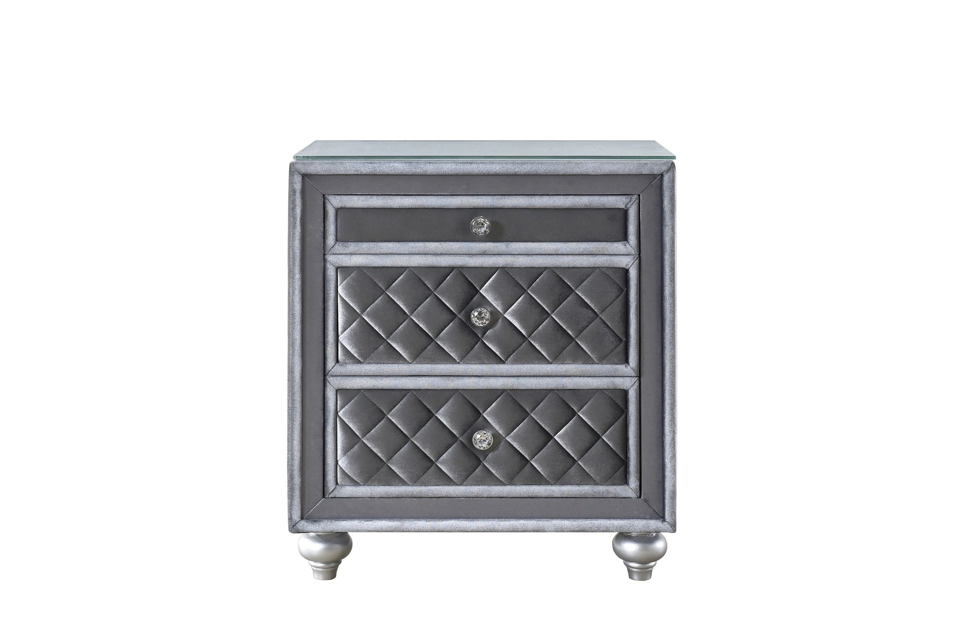 1pc Glam 3-Drawer Nightstand Velvet Tufted Drawer Front Jewelry Tray Faux Crystal Drawer Knobs