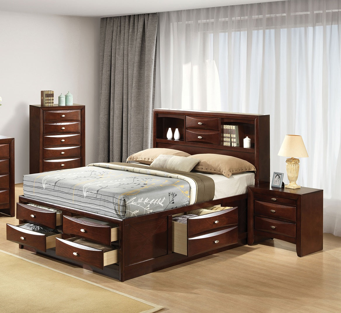 Contemporary Queen Size Bed 2x Nightstands Headboard Bookcase Cherry Color 3pc Set Bedroom Furniture