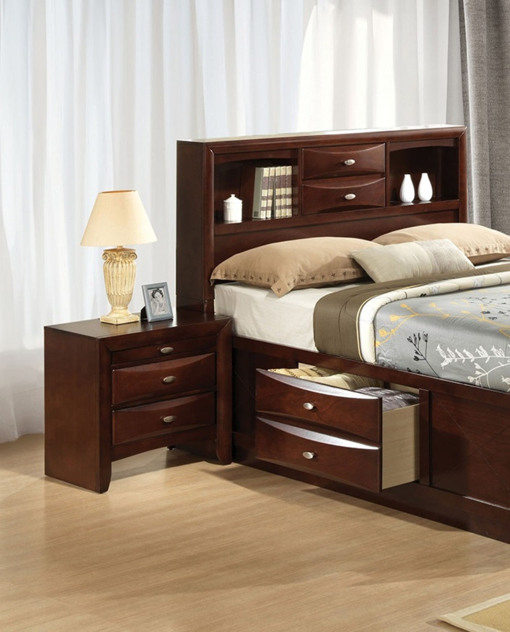 Contemporary Queen Size Bed 2x Nightstands Headboard Bookcase Cherry Color 3pc Set Bedroom Furniture