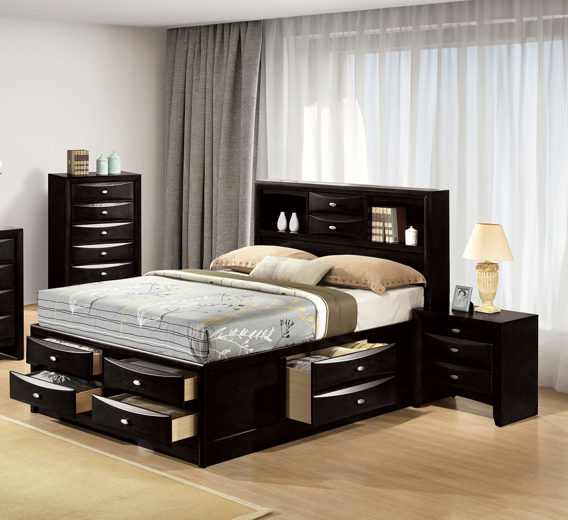 Contemporary Full Size Bed 2x Nightstands Headboard Bookcase Black Color 3pc Set Bedroom Furniture