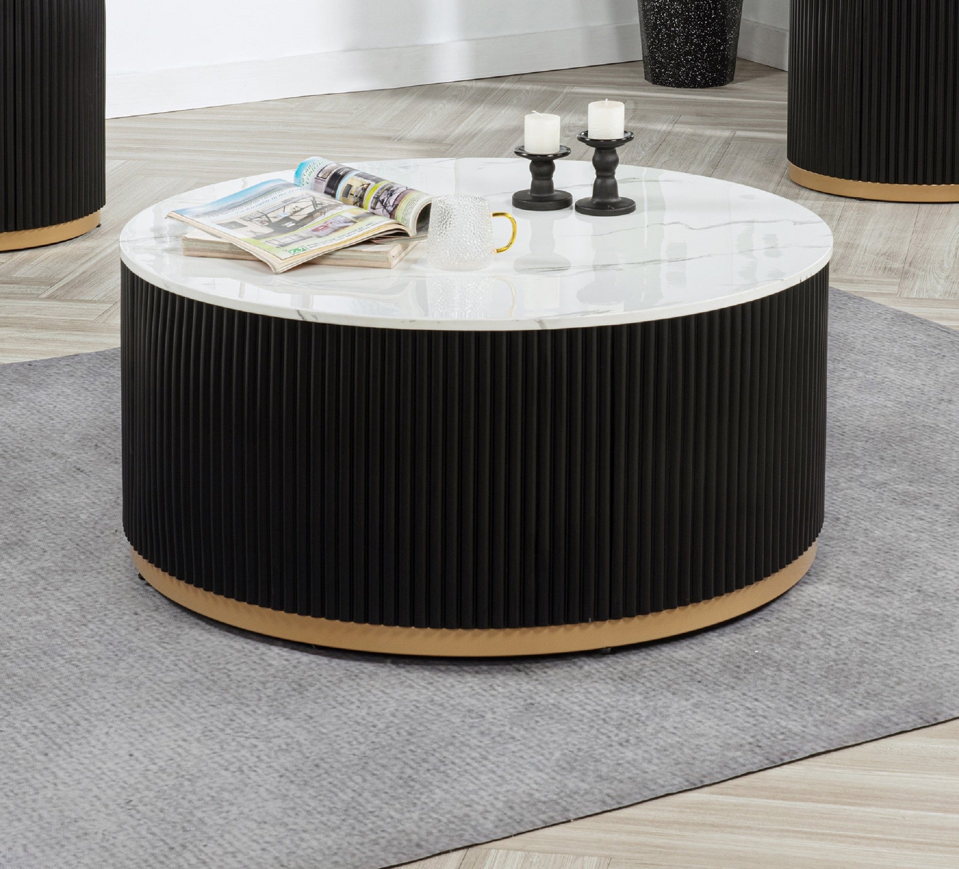 1pc Coffee Table Modern Cocktail Group Luxurious Marble-inspired Top Reeded Base Gold-finished Foundation With Casters Wooden Living Room Furniture