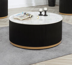 1pc Coffee Table Modern Cocktail Group Luxurious Marble-inspired Top Reeded Base Gold-finished Foundation With Casters Wooden Living Room Furniture