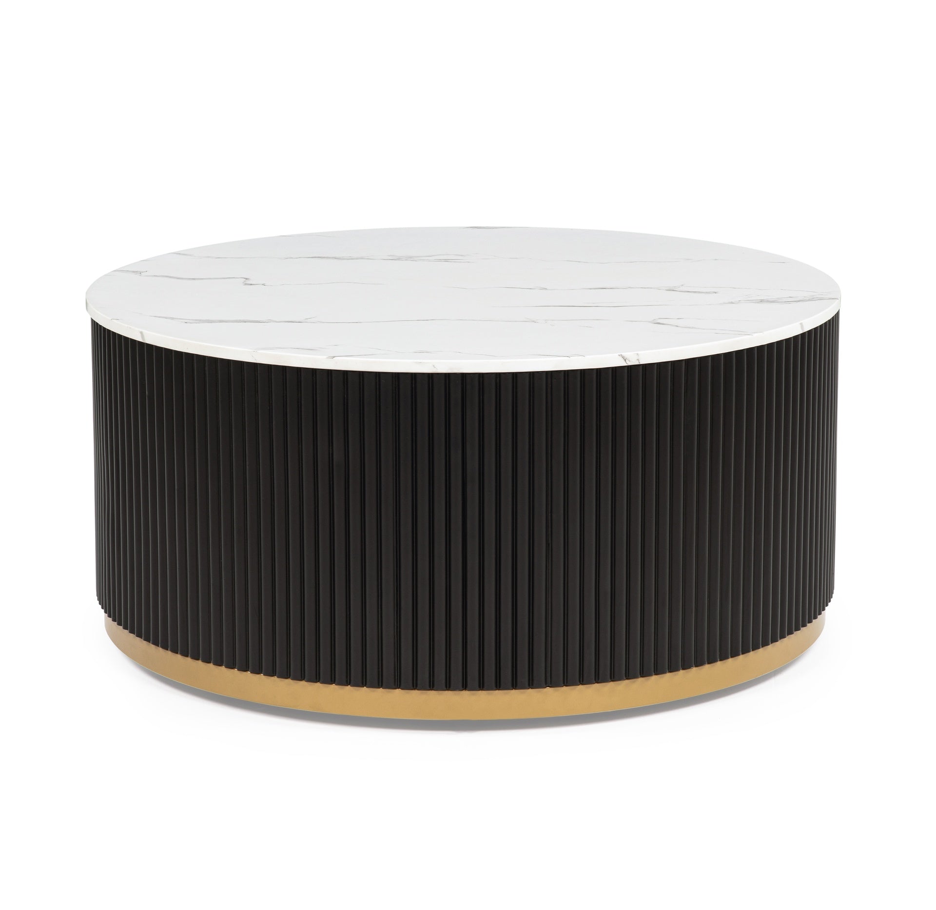 1pc Coffee Table Modern Cocktail Group Luxurious Marble-inspired Top Reeded Base Gold-finished Foundation With Casters Wooden Living Room Furniture