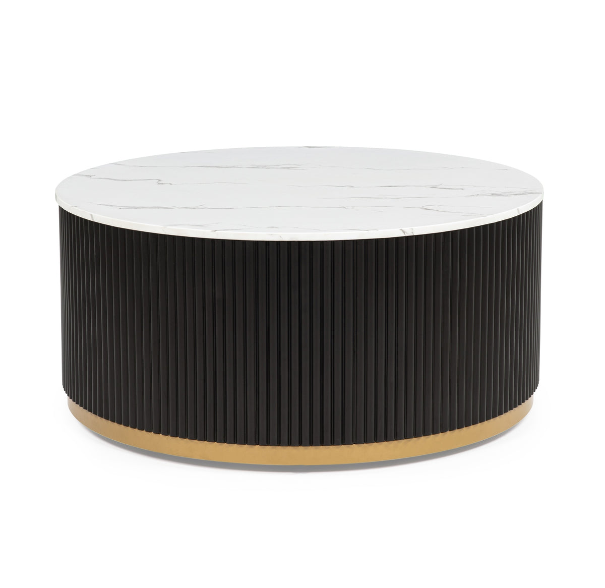 1pc Coffee Table Modern Cocktail Group Luxurious Marble-inspired Top Reeded Base Gold-finished Foundation With Casters Wooden Living Room Furniture