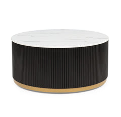 1pc Coffee Table Modern Cocktail Group Luxurious Marble-inspired Top Reeded Base Gold-finished Foundation With Casters Wooden Living Room Furniture