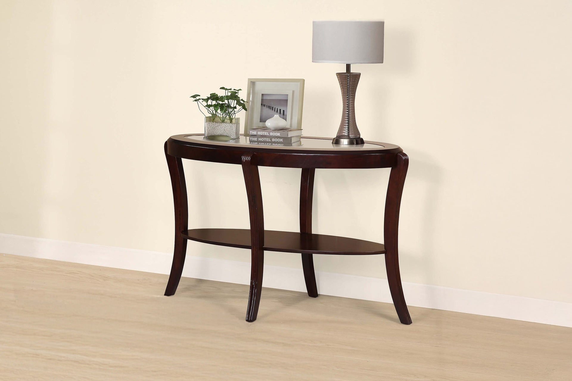 Console Table Espresso / Dark Cherry Traditional 1pc Sofa Table w 5mm Tempered Glass Under-Table Shelf Storage Living Room