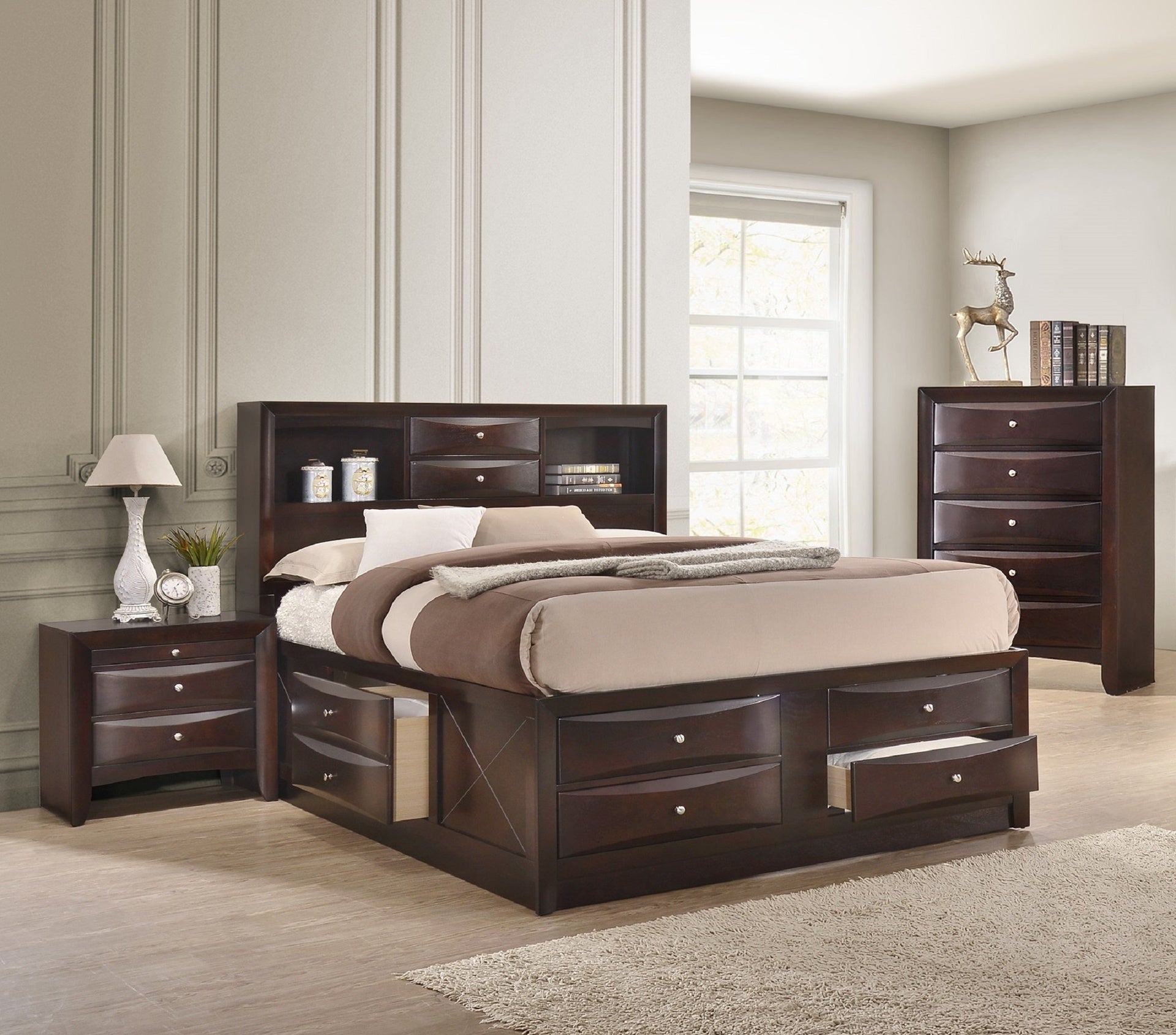 Dark Cherry Queen Storage Platform Captain's Bed with Bookcase Headboard Drawers Solid Wood Furniture