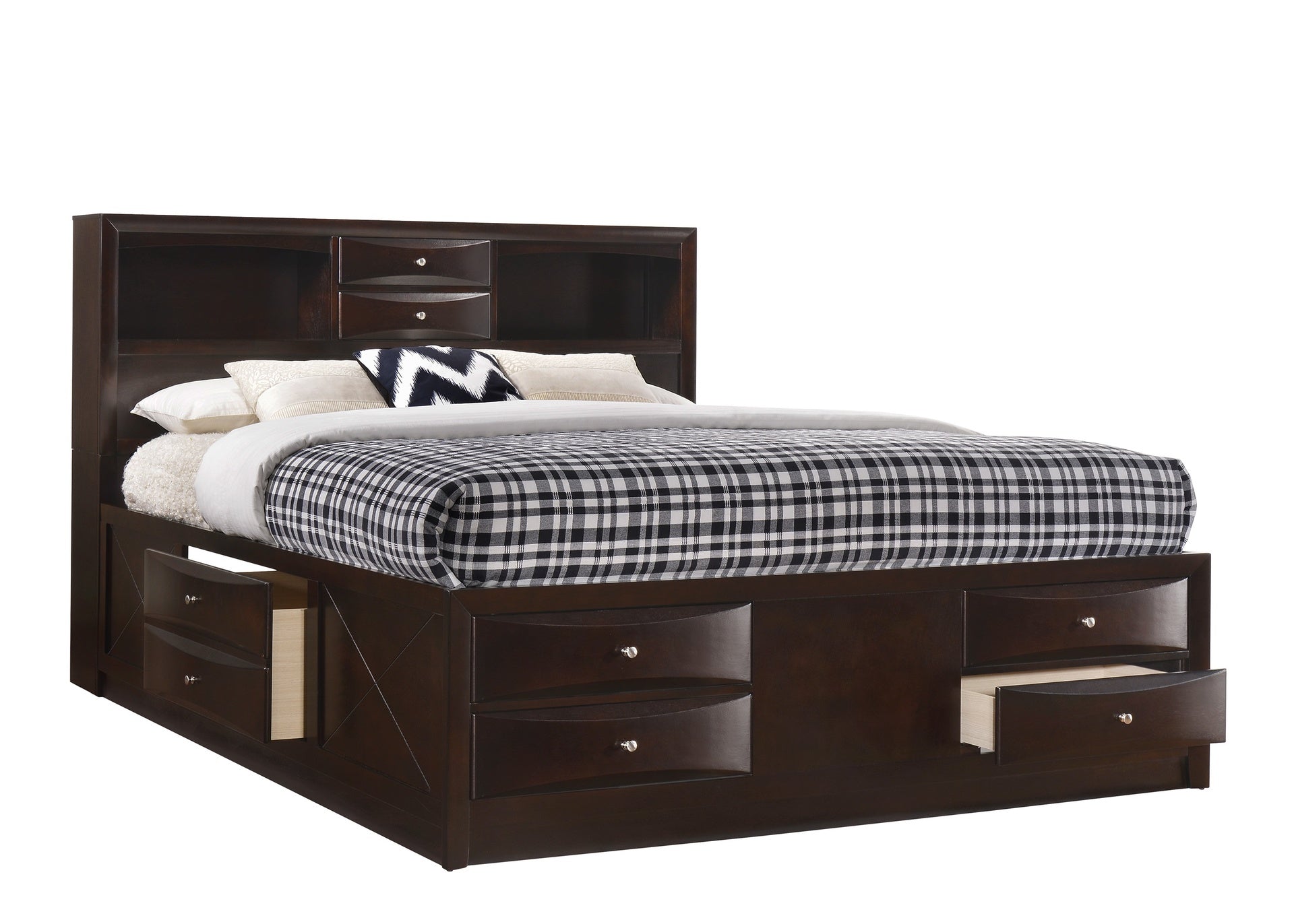 Dark Cherry King Storage Platform Captain's Bed with Bookcase Headboard Drawers Solid Wood Furniture