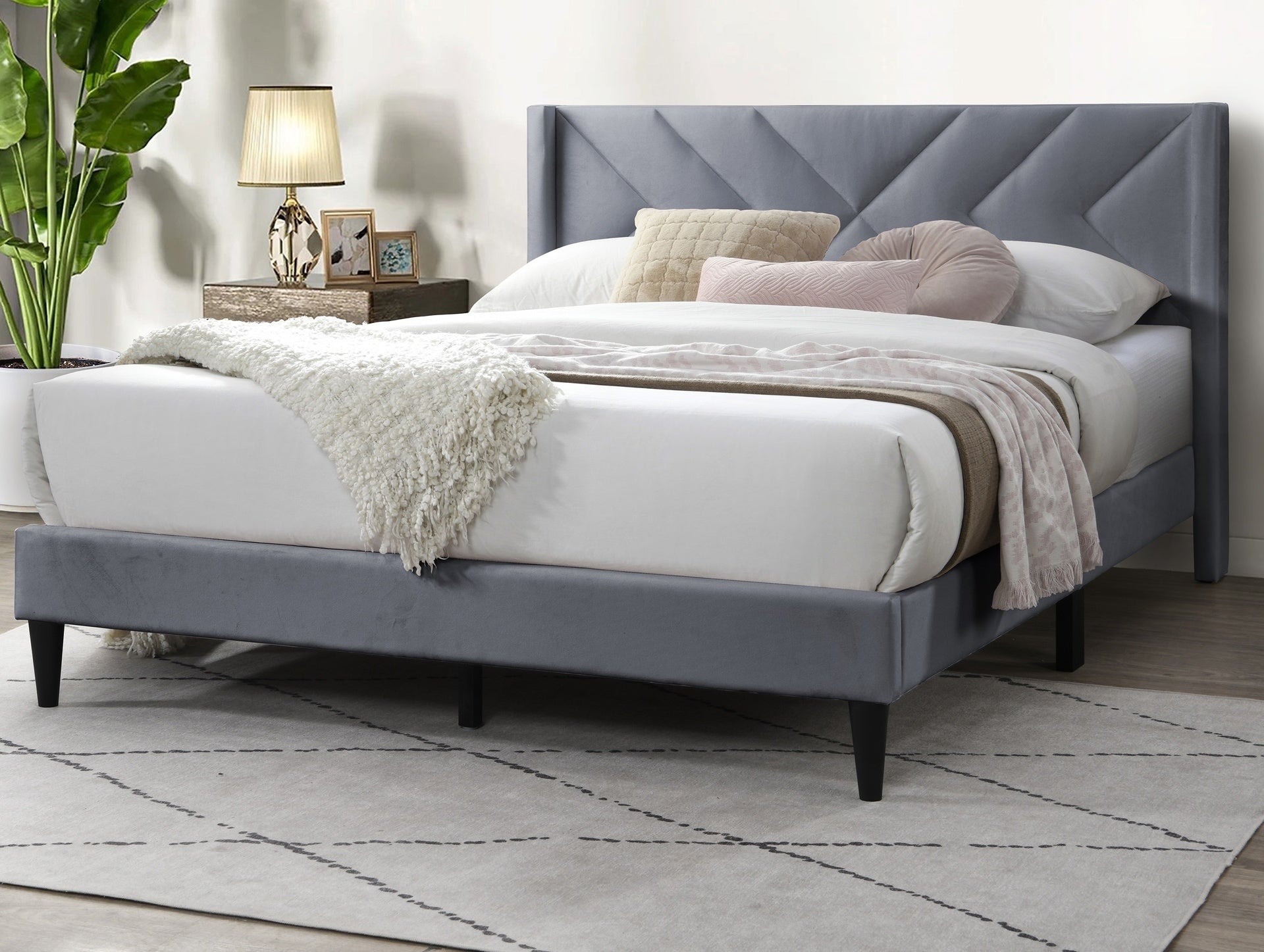 Elegant Modern Full Size Bed Clean Lines Design Headboard 1pc Gray Velvet Upholstered Bedframe
