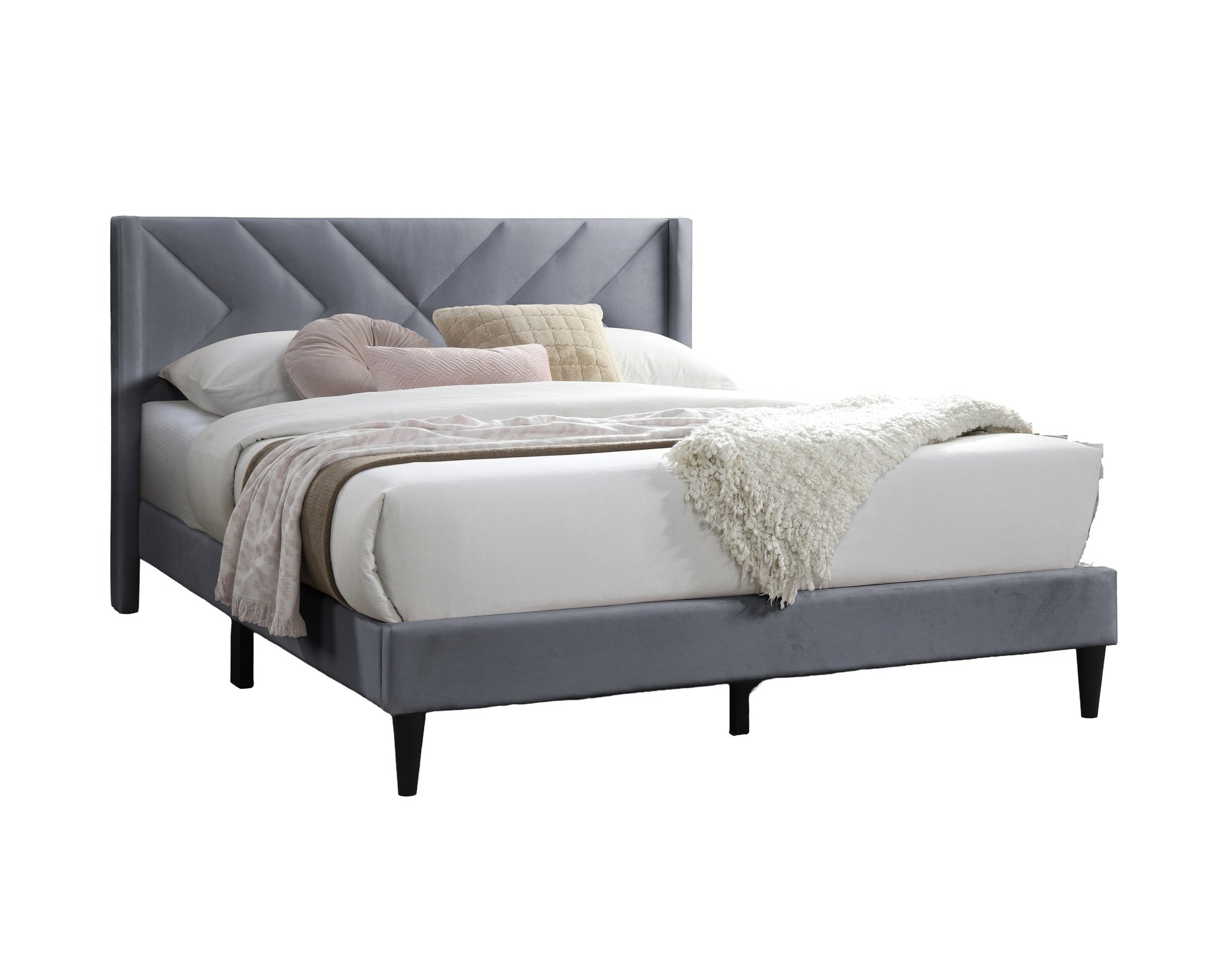 Elegant Modern Full Size Bed Clean Lines Design Headboard 1pc Gray Velvet Upholstered Bedframe