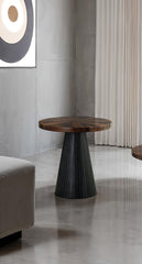 Contemporary Style End Table Parquet Pattern Top Drum Base Black Finish Primary Living Room
