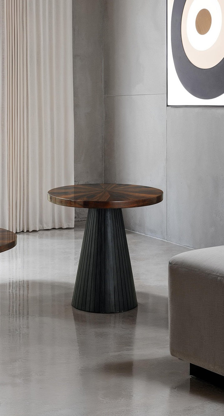 Contemporary Style End Table Parquet Pattern Top Drum Base Black Finish Primary Living Room